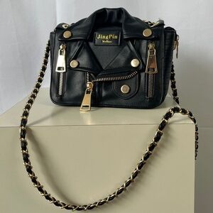 Moto Jacket Crossbody with Gold Chain Accents